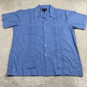 Vintage Guayabera Shirt Mens XL Blue Cuban Mexican Chambray Pockets Juan Carlos